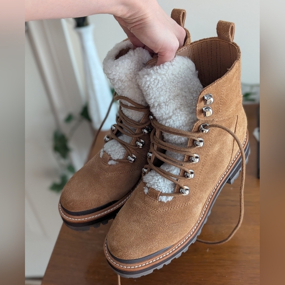 MARC FISHER Izzie Boot Shearling Suede Light Tan Brown Lugsole Lace Up Lizzie 6 - Picture 14 of 16